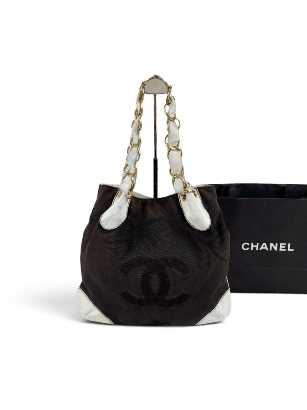 Chanel Big Coco Chain Shoulder Bag Black White Jumbo CC Logo Palm Tree